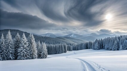 Snowy forest landscape with a path through the snow under dramatic cloudy sky with sun