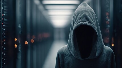 Faceless hooded hacker lurking in a server room, engaging in cyber crime and illicit activities while surrounded by technology and the shadows of a data center