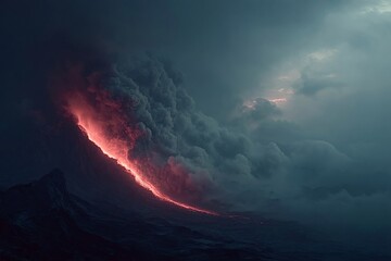 Fototapeta premium Red hot lava flows down the side of an erupting volcano, creating a dramatic scene of natural power and destruction under ominous dark clouds