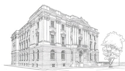 Architectural blueprint of classic building with detailed facades windows columns, tree. Classic exterior building design illustration. Elegant urban structure facade drawing for architectural