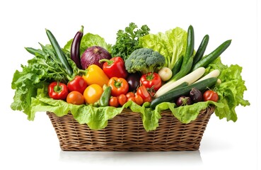 Colorful basket brimming with fresh vegetables on white background. Healthy diet ingredients like peppers, tomatoes, cucumbers, eggplants, broccoli. Organic produce good source of vitamin c, dietary