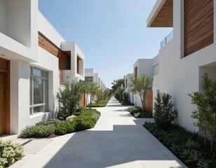 Modern white homes with wood accents line clean pathway in sunny gated community. Rich landscaping with various plants, shrubs complements minimalist, elegant architecture. Exclusive suburban