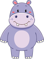 A cheerful, cartoon hippopotamus stands smiling, showcasing its adorable features in a simple, light-purple design.