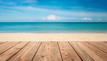Fototapeta premium wooden floor or plank on sand beach in summer calm sea and blue sky background