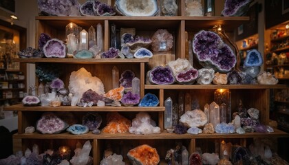 Fototapeta premium Collection of natural gemstones displayed on wooden shelves. Features amethyst geodes, clear quartz points, rough stones in various colors like purple, orange, blue. Ideal for spiritual, healing,