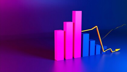 Vibrant Pink and Blue Bar Graph with Downward Yellow Arrow on Gradient Background