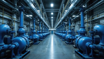 Rows of industrial blue pumps, steel pipelines fill large factory building interior. Machinery operates within modern industrial plant, complex infrastructure. Scene suggests heavy machinery