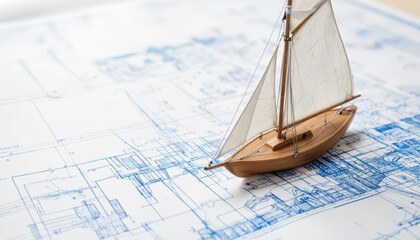 Miniature sailboat model rests on architectural blueprints, travel dreams, design process. Scene represents planning, construction, future projects in maritime residential development.