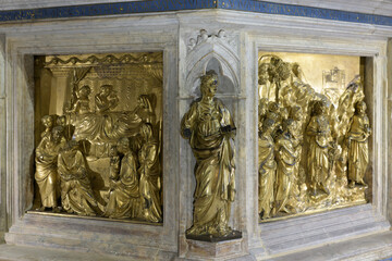 Statue of Prudence by Giovanni di Turino on the bronze baptismal font in Siena Baptistery, Siena,...