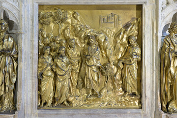 The Preaching of Saint John the Baptist by Giovanni di Turino, bronze panel on the baptismal font...