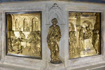 Allegorical statue of Fortitude by Goro di Neroccio on the baptismal font in Siena Baptistery,...