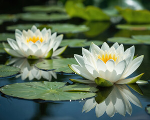 Two white water lilies bloom on a dark pond surface surrounded by green leaves. Yellow centers on blossoms reflect on water. Aquatic plants create serene summer garden scene.