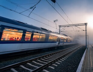 Obraz premium modern high speed train leaving station in the fog at dusk