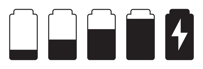 Battery and Power Icon Set. Battery level icon set showing charging progress from low to full with black indicators. Battery charging indicator icon in white background.