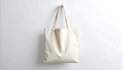 Stylish cream canvas tote bag hangs on a clean white wall, perfect for branding and design mockups.