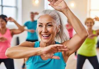 Energetic senior women enjoying group dance fitness class indoors