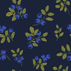 Blueberry seamless pattern, hand drawn sketch, engraving style, realistic vector monochrome illustration