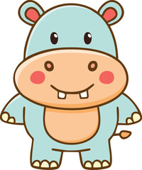 Obraz premium Cartoon illustration of a cute, light blue hippopotamus with a light orange belly, smiling with visible teeth.