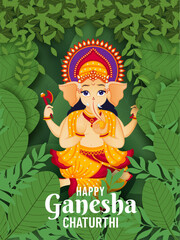 Happy Ganesha Chaturthi traditional floral background and cute lord ganesha vector illustration poster and banner design.