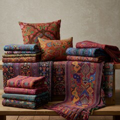 Colorful Woven Throw Blankets and Pillows on Wooden Table