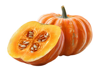 Obraz premium Side View of Cut Open Pumpkin Showing Juicy Flesh and Seeds, Clean Composition, Isolated on Transparent Background