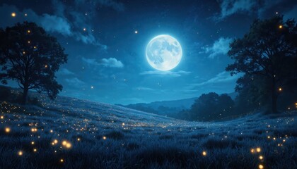 Fototapeta premium Night scene with full moon and fireflies in field. Stars shine in dark blue sky with clouds. Magical enchanting landscape with soft light, romantic and fantasy feel. Silent and tranquil nature.
