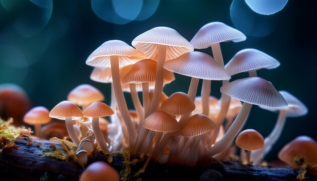 a macro shot of translucent fairy inkcap mushrooms clustered closely