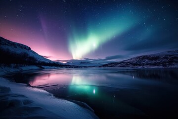 Fototapeta premium Breathtaking display of Northern Lights illuminates night sky over tranquil Icelandic landscape, reflecting beautifully on still waters below. serene atmosphere evokes sense of wonder and peace