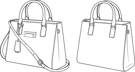 Elegant handbag CAD drawing, vector illustration, fashion accessory design, technical sketch, designer bag blueprint, fashion CAD, handbag vector art