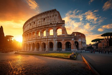 Naklejka premium Colosseum during sunset showcases its ancient arches, bathed in warm golden light, creating breathtaking view that evokes sense of history and grandeur