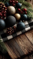 Festive holiday decorations featuring ornaments, pinecones, and greenery on a rustic wooden surface