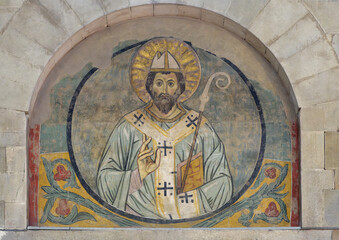 Fresco of St. Zeno from around 1250 in the central portal lunette of the Cathedral of San Zeno (Duomo di San Zeno) in Pistoia, Italy.