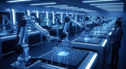 Futuristic factory scene depicting advanced lidar chip production with robotics and precision technology highlighting innovation in nextgeneration sensor manufacturing for