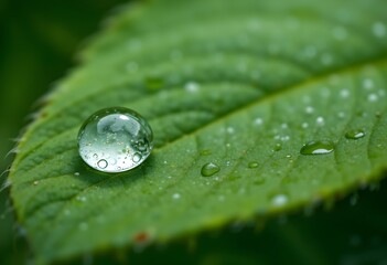Macro photo of a water droplet on a green leaf, extreme detail, natural science