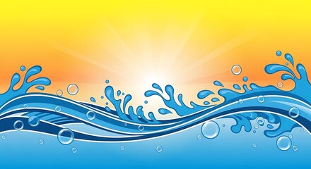 Stylized water waves and splashes against a bright yellow and orange sunburst background