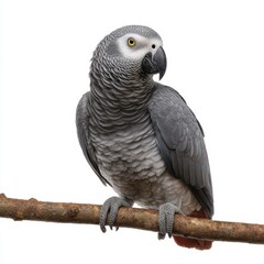 Obraz premium African Grey Parrot Perched on a Branch Against a White Background bird avian