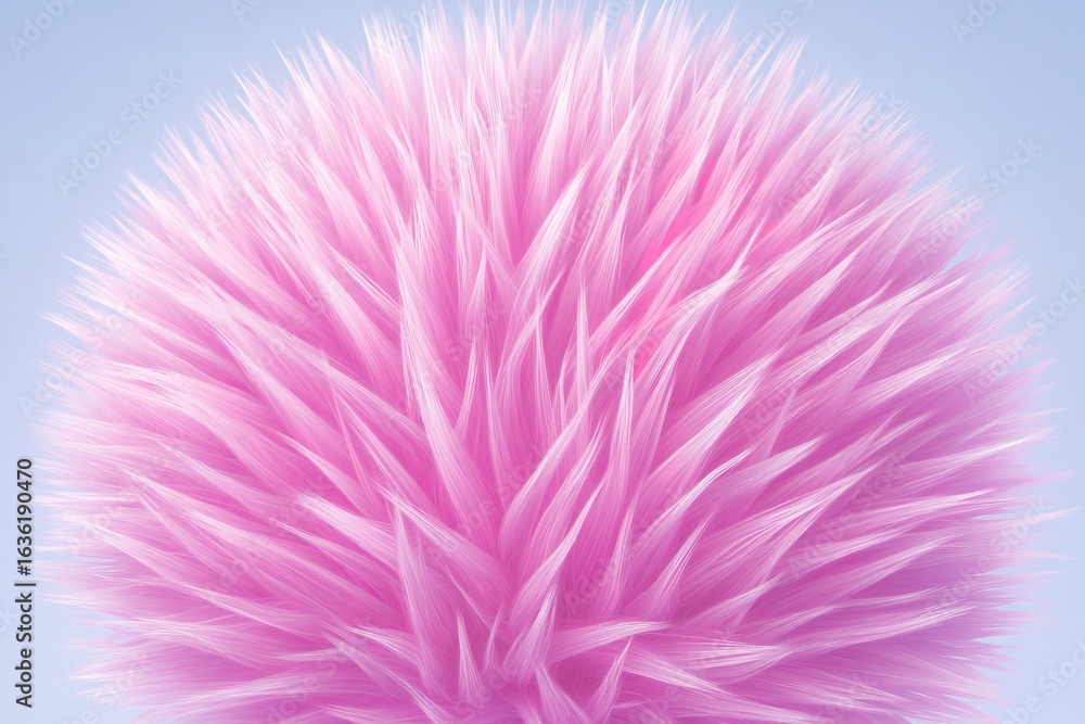Poster bright pink spherical object with soft, spiky texture against a light background creating a playful 