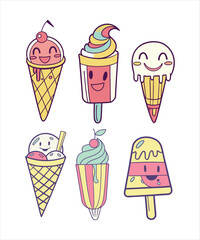 Set of colorful ice cream cones and desserts collection vector illustration summer sweet flavors
