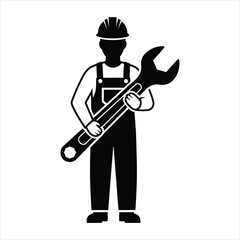 Black silhouette of a worker wearing overalls and hard hat holding a large wrench black and white