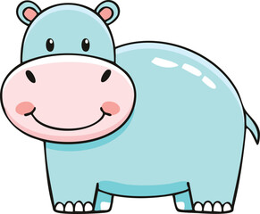 Cute light blue cartoon hippopotamus, stylized design, happy expression.