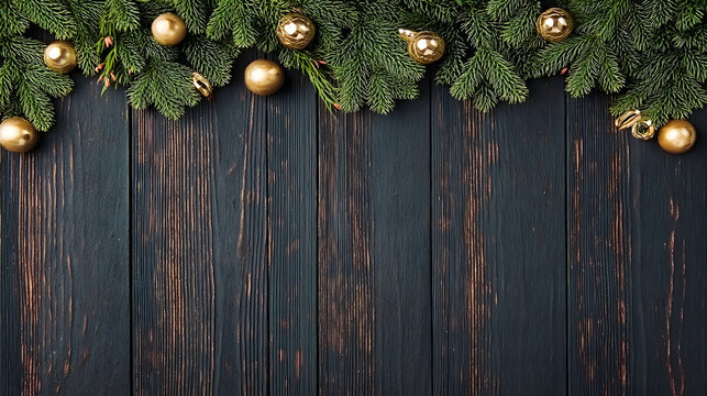 Elegant Dark Wood Grain Background with Golden Christmas Decoration Frame. Ai Generated Images
