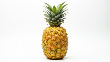 Fototapeta premium Organic pineapple in macro. Isolated fruit on white background. Close-up, vibrant, fresh photo. Natural product detail with tropical texture. Healthy eating. Zoom for bright, crisp, botanical