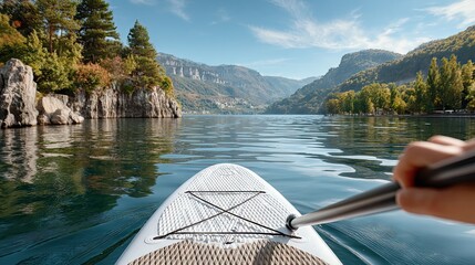 Paddleboarder Gliding on Calm Blue Lake Surrounded by Mountains