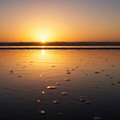 Orange Sunset Over Calm Ocean Beach
