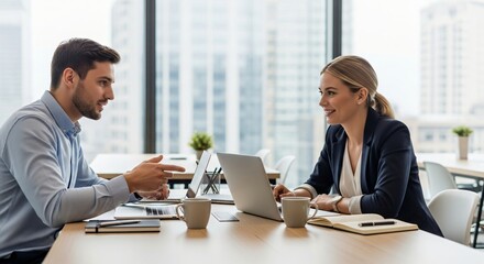 Two Work Colleagues Collaborating on a Project at a Modern Office Desk With Laptops