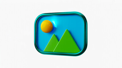 3D landscape icon, sun, mountains, teal frame, minimalist, glossy style