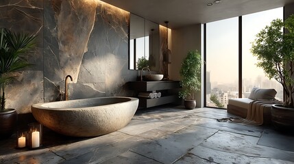 Modern marble bathroom with city view high resolution photo