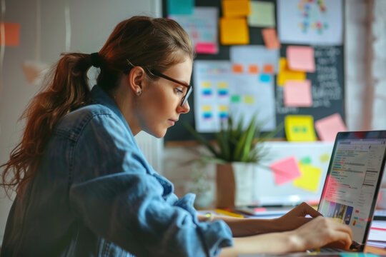 Young woman designing mobile app UI on laptop, Figma-style interface, focused workflow at modern desk
