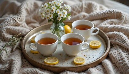 Serving tray with herbal tea cups, honey, lemon slices, and a small flower vase on a