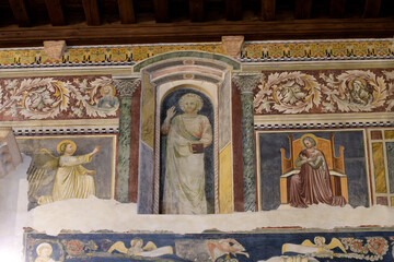 Fresco decoration with biblical scenes and Christ figure in niche, upper nave of San Fermo...